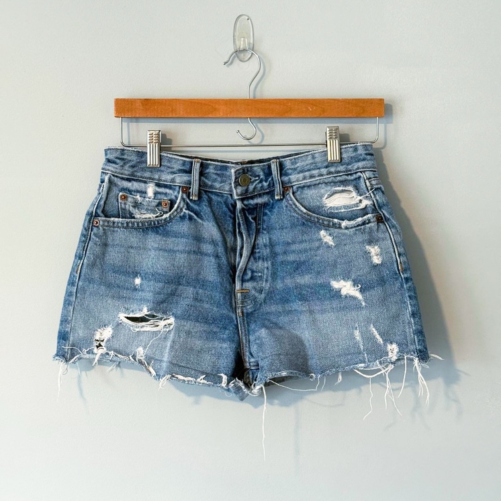 GRLFRIEND Helena Denim Distressed Shorts